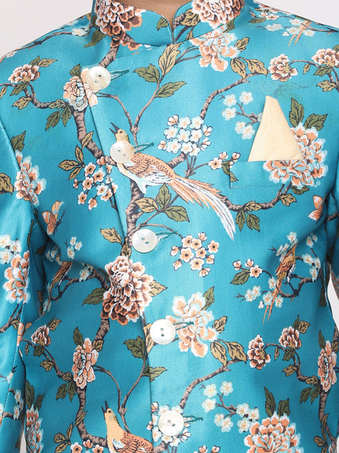 Boy's' Multicolored-Base-Turquoise Indowestern Set